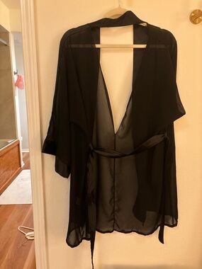Sheer Black Satin-Trim Kimono Robe from Paris